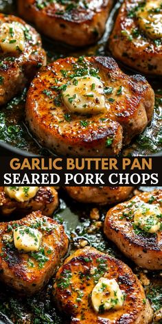 garlic butter pan seared pork chops in a skillet