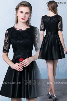 10% off now|Free shipping world-wide. Black Lace Satin Aline Party Dress With Lace Sleeves at GemGrace. Click to learn our pro custom-made service for wedding dress, formal dress. View #BridalPartyDresses for more ideas. Black Satin Dress For Prom Season, Black A-line Satin Dress, Satin Evening Dress With Lace Patchwork, Satin Dresses With Lace Sleeves, Black Satin Dress For Prom, Evening Satin Dress With Lace Sleeves, Black Satin Short Sleeve Dress, Black A-line Satin Evening Dress, Formal Satin Dress With Contrast Lace