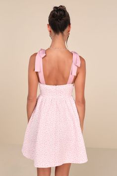 You'll steal hearts left and right in the Lulus Darling Composure Pink Jacquard Floral Tie-Strap Mini Dress! Lightweight, slightly stretchy woven fabric boasts a floral jacquard (as well as tonal bead and sequin accents) as it falls from tying satin shoulder straps. Fitted, seamed cups frame a V-neckline and a high waist, all atop a babydoll-style skirt with mini hem. Hidden layer of tulle for volume. Hidden zipper/clasp at back. Fit: This garment fits true to size. Length: Above mid-thigh. Size Dresses Appropriate, Senior Events, Valentines Dress, Pink Floral Mini Dress, Dress With Beads, Babydoll Mini Dress, Valentine Dress, Dresses For Weddings, Babydoll Style