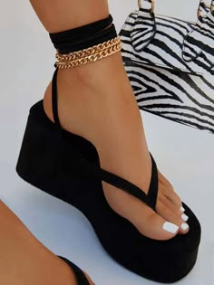 Cross Platform Flip-Flop Sandals – zierashop Platform Flip Flops, Outer Women, Ankle Chain, Strap Wedge, Girly Shoes, Lace Up Heels, Pretty Shoes, Shoe Game, Chain Styles