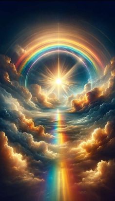 an image of a rainbow in the sky with clouds and sun rays coming through it