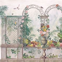 a painting of flowers and plants on a wall