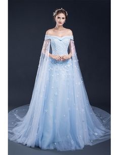 Blue Floral Off the Shoulder Long Tulle Wedding Dress #CH0087 $197 - GemGrace.com Blue Tulle Wedding Dress With Sweep Train, Blue Tulle Wedding Dress For Banquet, Prom Dress Off The Shoulder, African Prom Dress, Sky Blue Prom Dress, Short Sleeve Prom Dresses, Blue Wedding Dress, Prom Dresses Off The Shoulder, African Prom Dresses