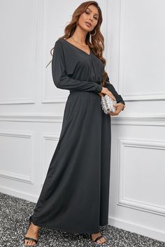 Black V Neck Batwing Sleeve Maxi Dress Black Plain V-neck Dress, Casual Solid Color Maxi Dress For Evening, Casual Evening Maxi Dress For Fall, Casual Fall Evening Maxi Dress, Chic Plain V-neck Dresses, Chic Black Solid Color Maxi Dress, Black Solid Maxi Dress For Workwear, Black Maxi Dress For Evening, Black Solid Color Maxi Dress For Fall