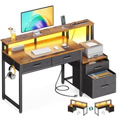 a computer desk with two drawers and a monitor on the top, next to it