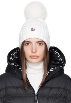 5 gauge rib knit modacrylic-blend beanie in white. · Faux-fur pom-pom appliqué at crown · Felted tricolor logo patch at rolled brim Supplier color: White Pom Pom Hat Outfit, Moncler Beanie, Snow Wear, Knitted Swimsuit, Bodysuit Blouse, Faux Fur Pom Pom, Cross Bag, Pom Beanie, Fur Pom Pom