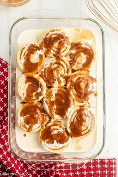 homemade cinnamon rolls in a glass baking dish