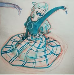 a drawing of a woman sitting on top of a blue and white checkered dress