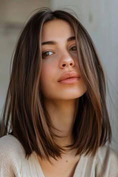 One Lenght Shoulder Hair, Shoulder Length Thick Hair Straight, Thick Brunette Hair Shoulder Length, Shoulder Length Hair Burnett, Long Haircut With Subtle Layers, Medium Bob Hairstyles Dark Hair, Brown Hair Shoulder Length Straight, Medium Haircut With Fringe Bangs, Women Haircut For Straight Hair