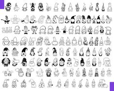 a large set of cartoon characters in black and white, all with different hats on their heads