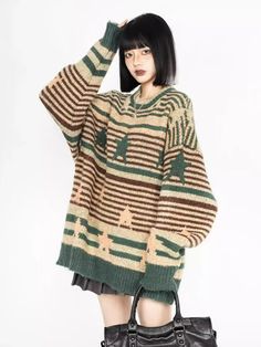 DetailsMaterial: PolyesterCollar: O-neck Cute Baggy Sweaters, Oversized Knitted Sweater, Green Streetwear, Oversized Outfits, Y2k Star, Oversized Sweater Women, Female Tops, Big Sweaters, Streetwear Hip Hop