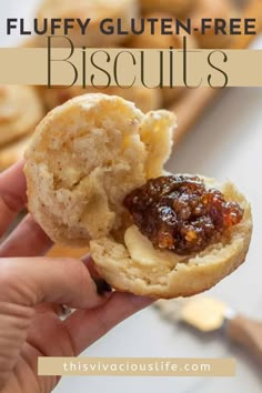 a person holding a pastry in their hand with the words fluffy gluten - free biscuits