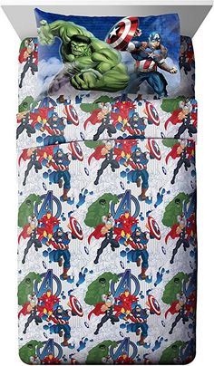 the avengers bedding set is made up with captain america and hulks on it