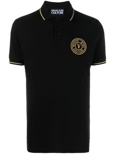 black/yellow cotton embroidered logo polo collar front button placket short sleeves straight hem Luxury Fitted Brown Polo Shirt, Design Black Gold, Polo Shirt Design, Versace Logo, Versace Jeans Couture, Cotton Polo Shirt, Versace Jeans, Cotton Polo, Logo Embroidered