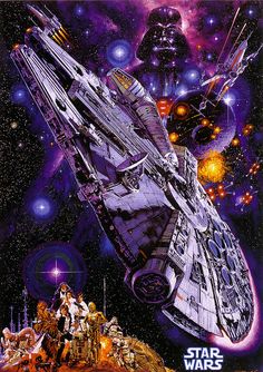 a star wars movie poster with an image of a spaceship in the sky and people standing around