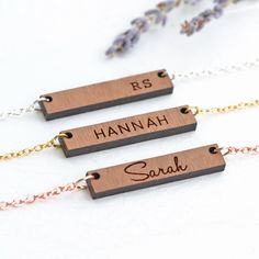 ---------------------------------- Beautiful solid walnut or cherry wood necklace, that can be customised with a short message, special date, initials or names.  This necklace makes a truly unique thoughtful gift, and comes with the option to personalise the reverse of the bar.  FEATURES: * Handcrafted from a choice of beautiful sustainably sourced solid wood - Choose from rich walnut or classic cherry  * Engraved with a short message of your choosing, initials, name or date * Choose from either Personalized Double Heart Engraved Name Necklace, Engraved Stainless Steel Name Necklace For Valentine's Day, Personalized Engraved Rectangular Bar Necklace, Custom Name Rectangular Pendant Bar Necklace For Personalized Gift, Rectangular Personalized Bar Necklace, Heart Symbol, Friend Necklaces, Wood Necklace, Name Jewelry