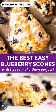 blueberry scones on a baking sheet with text overlay that reads, the best easy blueberry scones with tips to make them perfect