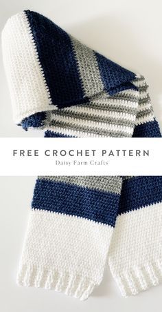 a white and blue striped scarf with text overlay that says free crochet pattern