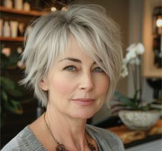 Short Grey Shag Haircuts, Short Shag Grey Hair, Grey Hair Shag Over 50, Short Haircuts For Straight Fine Hair, Razor Cut Bob For Fine Hair Straight, Women’s Razor Haircuts, Choppy Bob Hairstyles For Fine Hair, Short Silver Hair, Easy Hair Cuts