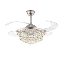 a ceiling fan with crystal balls hanging from it's center blade and blades on top