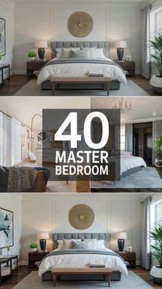 four photos of a bedroom with white walls and wood flooring, including a large bed