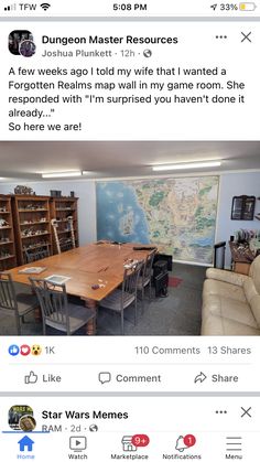 an image of a table with chairs and a map on the wall behind it that says,