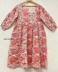 Indian hand Block Printed Cotton Dress, Women Wear Stylish Summer Dress, Evening Dress, Comfortable Dress,  Indian Artisan Dress, Handmade Dress, Traditional Dress, Vegetable Dye, Natural Dye, Wooden Dye, Mini Midi Dress, Easy Wear Dress, Soft Cotton Dress, Gifts For Her Wearing This Hand Block Print Beautiful Dress, Which is Made Of Soft Pure Cotton Gauze Will Make You Feel Gorgeous All Day Long Fabric Drapes So Elegantly Making it Ideal For Dates, Travel, Lunch, Brunch Outings, Cocktail, Parti Spring Block Print Tunic Dress, Fitted Red Block Print Dress, Red Fitted Block Print Dress, Spring Fitted Block Print Dress, Fitted Block Print Dress For Spring, Spring Block Print Fitted Dress, Pink Block Print Long Sleeve Dress, Pink Long Sleeve Dress With Block Print, Easy Wear Dresses