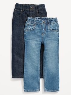 Online exclusive! Pack includes 2 pairs of straight jeans, each in a different wash.  Elasticized pull-on waistband, with decorative non-functional button and built-in belt loops.  Faux fly.  Scoop pockets and coin pocket at front; patch pockets at back.  Durable denim, with fading and whiskering for a vintage look.  Why do we call these Wow Jeans? It's all about that jaw-dropping low price, fantastic fit and reliable comfort .  WOW ‘em in your choice of leg shapes from straight to skinny! ?? ?? Leg Shapes, Toddler Vintage Levis, Black Jeans Toddler, Toddler Boy Jeans, Toddler Boy Denim Pants, Kids Jeans Boys Pants, Toddler Jeans, Pull On Jeans, Perfect Jeans