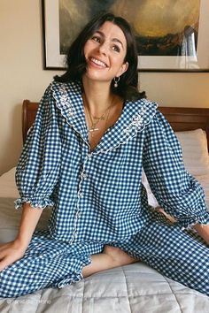 Good news! This item is coming back in stock in May. Click ‘email me when back in stock’ to be notified as soon as it arrives. You’re going to want to get your hands on our Victorian inspired Vera pyjama set (not to be confused with Coronation Street’s finest!) A gingham cotton embroidery pyjama set with a V neckline on the top and little elasticated cuffed trousers. The packaging is perfection personified- your loungewear piece is placed in a RIXO branded organic cotton drawstring pouch. In tru Eliza Rose, Cuffed Trousers, Lillian August, Lounge Outfits, Cotton Pjs, Pajama Fashion, Looks Country, Quoi Porter, Cute Pajama Sets