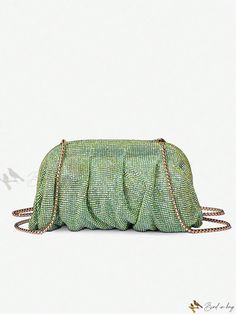 Bird in Bag - Elegant Rhinestone-Adorned Womens Evening Clutch Handbag Glamorous Green Event Bag, Elegant Green Bag For Night Out, Glamorous Green Clutch Bag, Glamorous Green Bags With Rhinestones, Chic Embellished Green Bags, Chic Green Embellished Bags, Ruched Bag, Purple Bag, Crystal Clutch