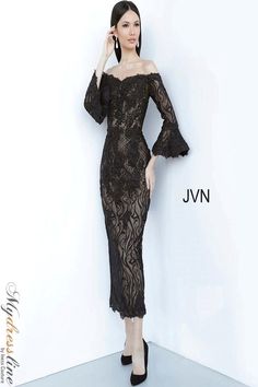 Looking for an elegant and stylish dress for your next special occasion? Look no further than the Jovani JVN2241 off the shoulder tea length lace evening dress. This beautiful dress features a flattering off the shoulder neckline, delicate tea length skirt, and intricate lace detailing. Whether you're attending a wedding, gala, or other formal event, this dress is sure to turn heads. Tea Length Cocktail Dresses, Head Turning Dress, Modern Gown, Tea Length Skirt, Gowns Black, Mob Dress, Lace Evening Dress, Prom Dresses Black, Formal Dresses With Sleeves