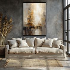 a living room filled with furniture and a painting on the wall above it's couch