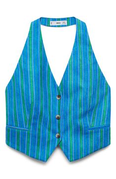 Perfect your next ensemble with this open-back halter vest made from a lightweight linen blend covered in vibrant stripes. Front button closure; ties at back Halter neck Front besom pockets Lined 55% linen, 45% viscose Dry clean or machine wash, line dry Imported Backless Vest, Mango Women, Night Skirt, Waistcoat Woman, Halter Vest, Striped Vests, Total Look, Pocket Pants, Striped Linen