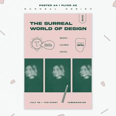 the surreal world of design poster with three different faces and words on it, including an image of a man's face