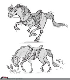 two drawings of horses running in different directions, one with a saddle on its back