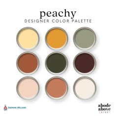 six different colors of paint in cans with the words peachy, designer color palette