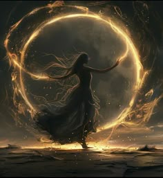 a woman in a long dress is dancing with fire and water around her, while the sun shines brightly behind her