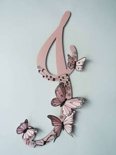 some pink butterflies are hanging on the wall and there is no image in this page to describe