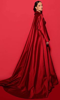 Tarik Ediz 98574 - Long Cape Jacket – Couture Candy Long Capes For Women, Red Futuristic Fashion, Luxury Satin Outerwear For Fall, Classic Satin Outerwear For Fall, Elegant Red Silk Outerwear, Evening Long Sleeve Satin Outerwear, Luxury Formal Cape, Elegant Satin Outerwear For Winter, Classic Long Evening Outerwear