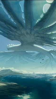 an image of a dragon flying over the ocean