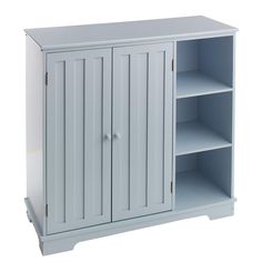 a white cabinet with two doors and shelves