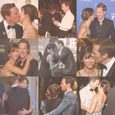 many different pictures of people at an event and one is kissing the other with his face