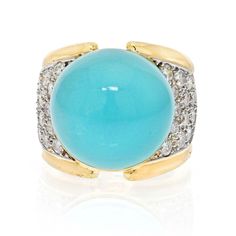 When you live on the coast the colors of the ocean naturally become your favorite. All sorts of blue hues just go. We feel that turquoise jewelry when combined with gold can then become your favorite go to accessory. Take a look at this lovely David Webb turquoise and diamond ring. This statement ring is made in 18k ye Luxury Blue Round Cabochons, Fine Jewelry Blue Turquoise Cabochon Ring, Elegant Blue Turquoise Cabochon Ring, Luxury Blue Oval Cabochon Turquoise Ring, Turquoise And Diamond Ring, Emerald Cut Diamond Ring, Yellow Jewelry, Yellow Rings, David Webb