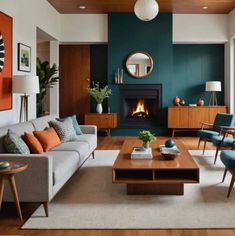 a living room filled with furniture and a fire place in the middle of the room