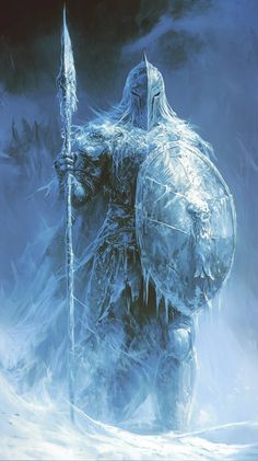 an ice - covered man with a spear in his hand is standing on the snow