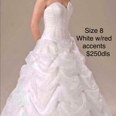 a woman in a white wedding dress with the words size 8 while wearing an accent $ 350