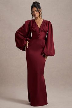 Helsinki | Berry Satin V-Neck Balloon Sleeve Maxi Dress Apostolic Outfit Ideas, Modest Evening Gowns, Apostolic Outfit, Cats Pink, Pink Peppermint, Concert Dresses, Club L London, Black Dress Prom, Modest Fits