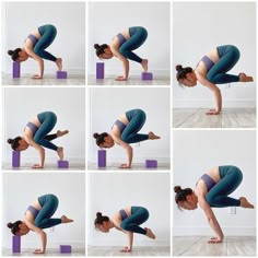 a woman is doing yoga poses with her hands in the air and one leg bent down