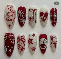 Christmas Korean Nails, Nail Drawing Designs, Winter Theme Nails, Red Gel Nails Designs, Red White Nails, Miffy Nails, Concert Nails, Red And White Nails, Korean Nail Art