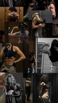 the collage shows many different images of women in sports bras and shorts, with their hands on their hips